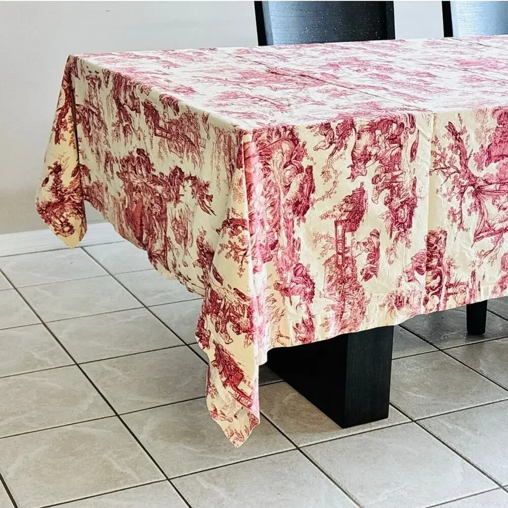 Williams Sonoma Italian Toile Tablecloth 68x126 Red Cream Cotton Made Italy